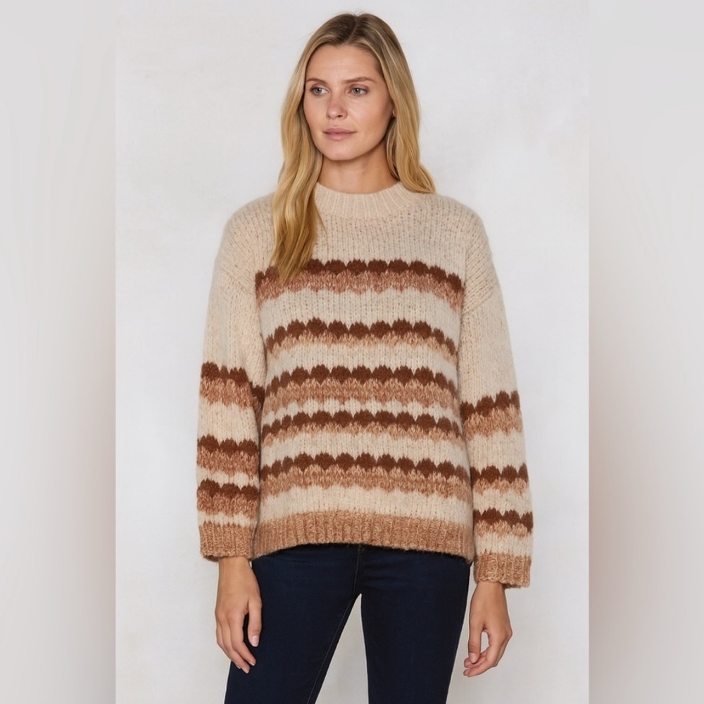 Elsamanda NWT Sweater L Beige/burgundy Stripe Italian Alpaca/wool Blend Warm - Picture 2 of 8